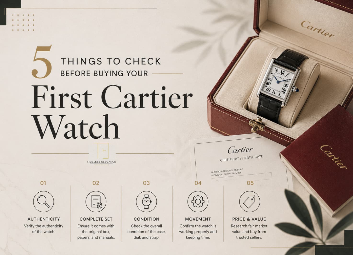 Article cover — 5 Things to Check Before Buying Your First Cartier Watch: authenticity, complete set, condition, movement, and price and value, beside a Cartier Tank in its red box with its certificate