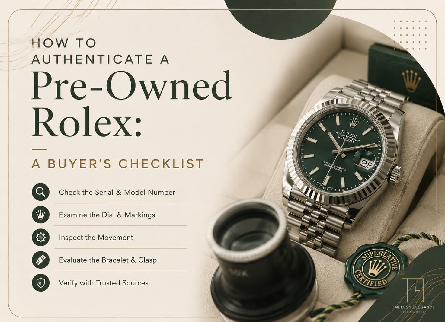 Article cover — How to Authenticate a Pre-Owned Rolex: A Buyer's Checklist. The checks are listed: serial and model number, dial and markings, movement, bracelet and clasp, and verifying with trusted sources, beside a green-dial Rolex Datejust and a jeweller's loupe