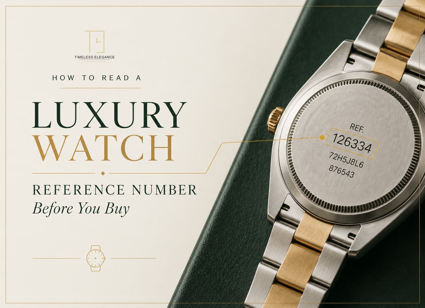 Article cover — How to Read a Luxury Watch Reference Number Before You Buy. A two-tone steel and gold Rolex case back rests on green leather, with a gold callout highlighting the reference number 126334 above the model and serial numbers