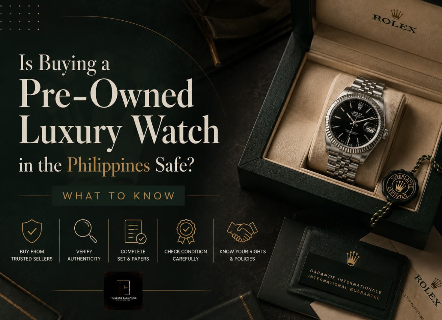 Article cover — Is Buying a Pre-Owned Luxury Watch in the Philippines Safe? What to Know. Five points are listed: buy from trusted sellers, verify authenticity, complete set and papers, check condition carefully, and know your rights and policies, beside a boxed Rolex Datejust