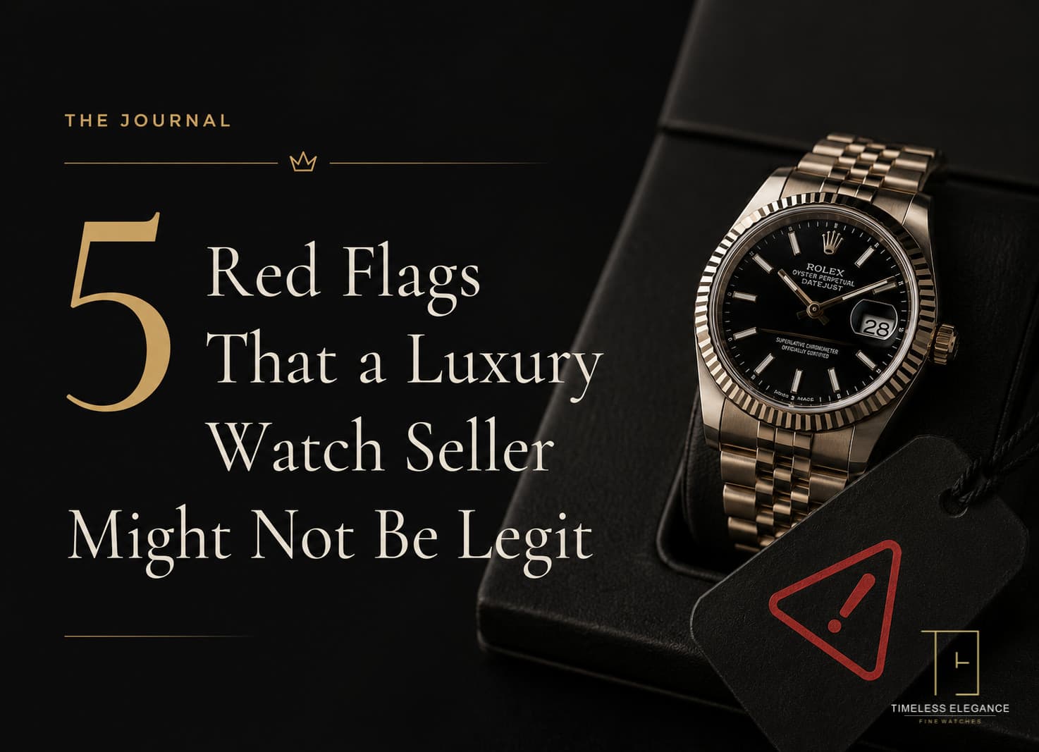 Article cover — 5 Red Flags That a Luxury Watch Seller Might Not Be Legit. A gold Rolex Datejust with a black dial lies on a dark leather case beside a black tag marked with a red warning triangle