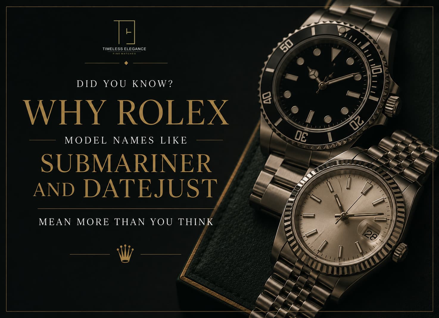 Article cover — Did You Know? Why Rolex Model Names Like Submariner and Datejust Mean More Than You Think. A black-bezel Rolex Submariner and a Rolex Datejust with a fluted bezel and jubilee bracelet rest together on a dark presentation case