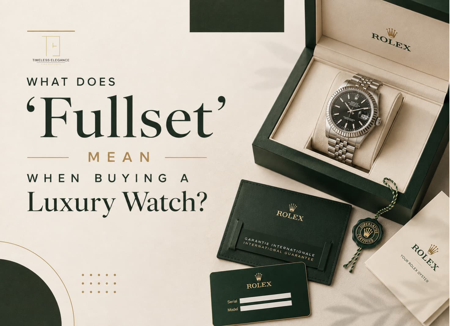 Article cover — What Does Fullset Mean When Buying a Luxury Watch? A Rolex Datejust in its green box, laid out with its warranty card, guarantee wallet and hangtag