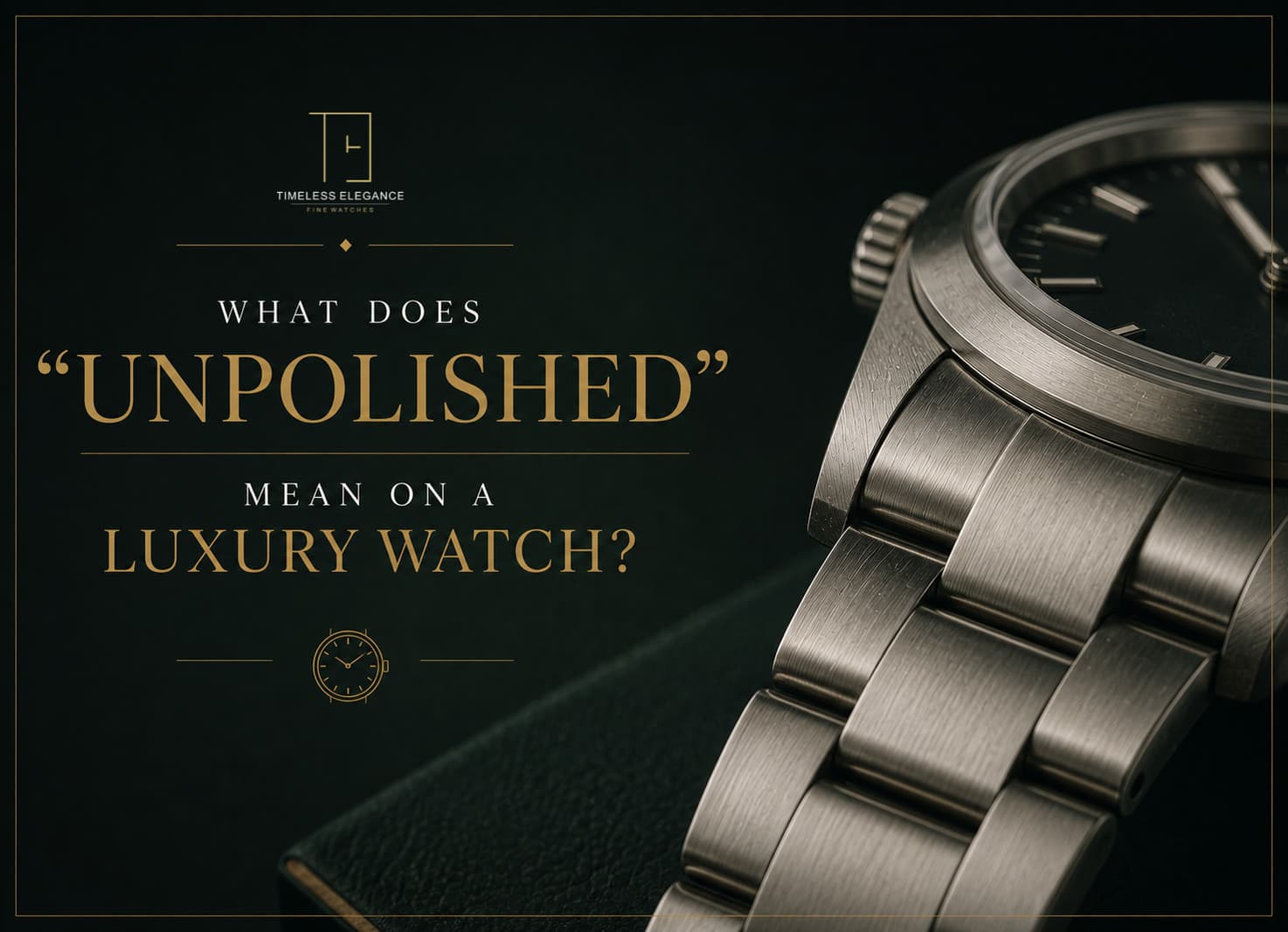 Article cover — What Does 'Unpolished' Mean on a Luxury Watch? A close crop of a steel watch case and Oyster bracelet showing the original brushed finish and fine surface marks, against a dark green background